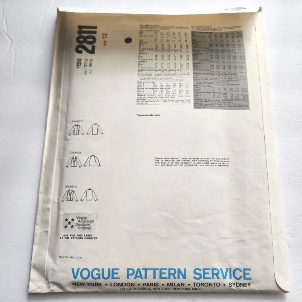 Vogue Sewing Pattern 2811 Designer Calvin Klein 12 UNCUT